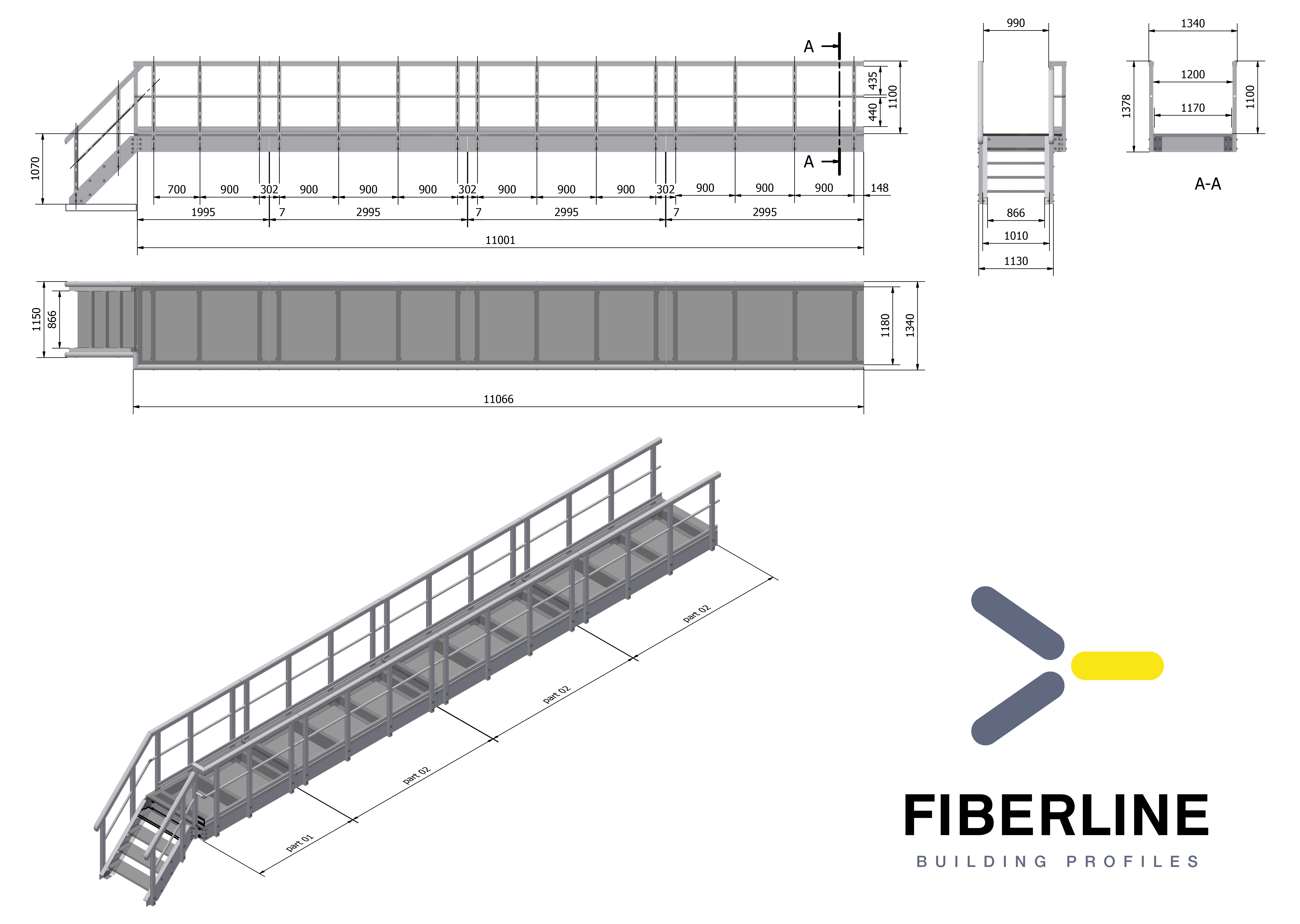 Technical illustration of FRP walkway for use in fish farming facilities